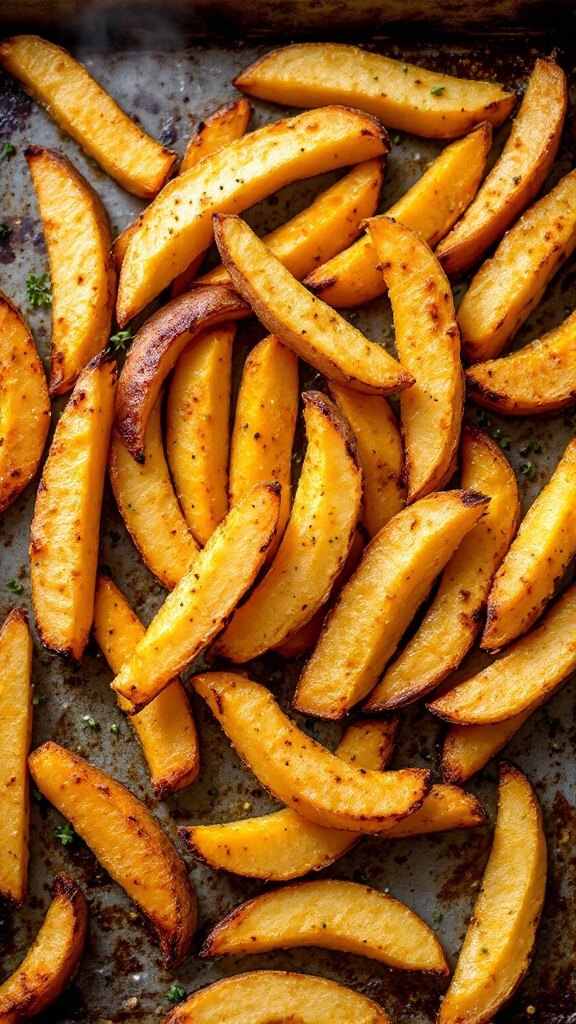 Crispy Oven-Baked Rutabaga Fries (Low-Carb &Amp; Keto-Friendly) 9 Golden-brown crispy rutabaga fries on a rustic baking sheet with visible caramelization and seasoning specs, fresh from the oven with steam rising