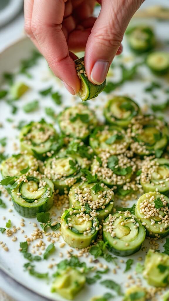 Close-up of hemp seeds and fresh herbs garnishing cucumber avocado rolls