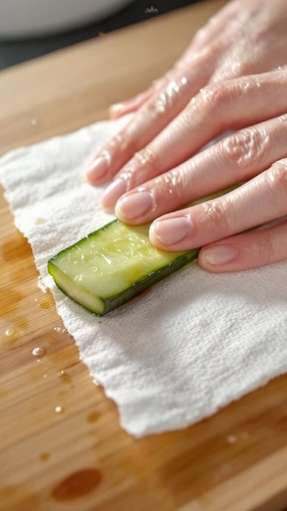 Cucumber strip being dried with a white paper towel on a wooden surface