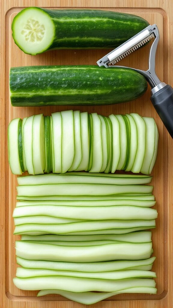 Overhead view of cucumber being transformed into thin strips with a y-peeler on a wooden board