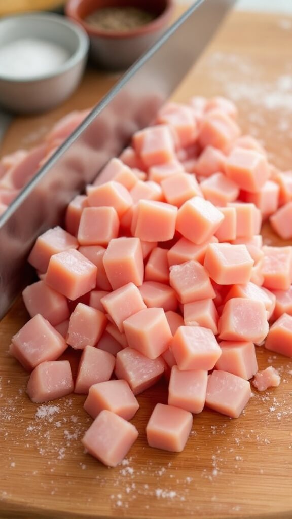 Keto Chicken Alfredo (Quick &Amp; One-Pan) 3 Close-up of raw chicken breast being cubed on a wooden chopping board with a chef's knife and measured salt and pepper on the side