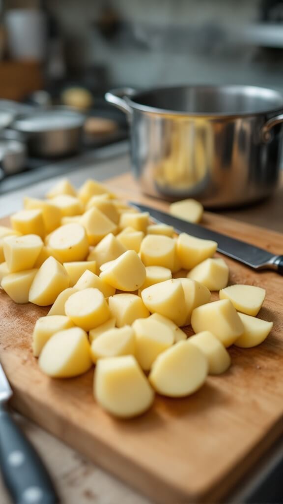 Perfect Pairings For Roast Potatoes: A Chef'S Complete Guide To Creating Memorable Meals 3 Raw potatoes being cut into 2-inch chunks on a wooden cutting board near a sharp chef's knife in a professional kitchen, with a boiling pot of water in the background
