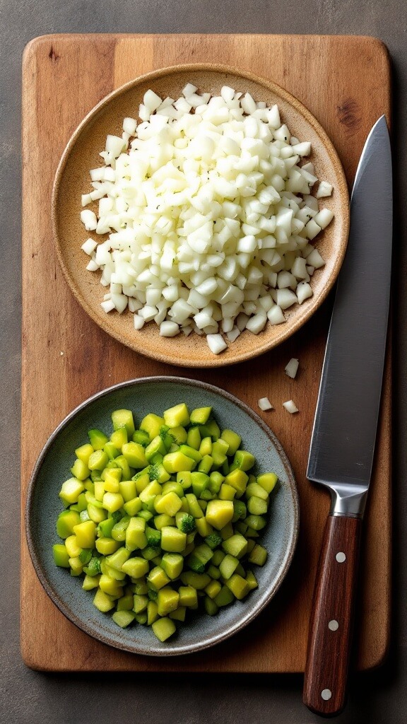 Overhead view of small plates with precisely diced onions, celery, and dill pickles, alongside a clean knife on a wooden cutting board