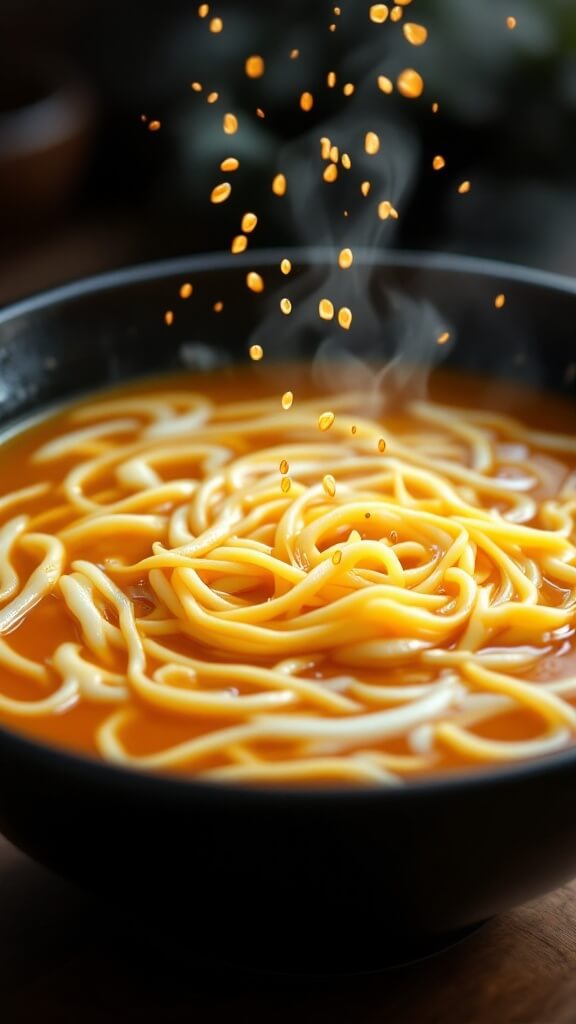 Golden egg drop soup with sesame oil drizzle