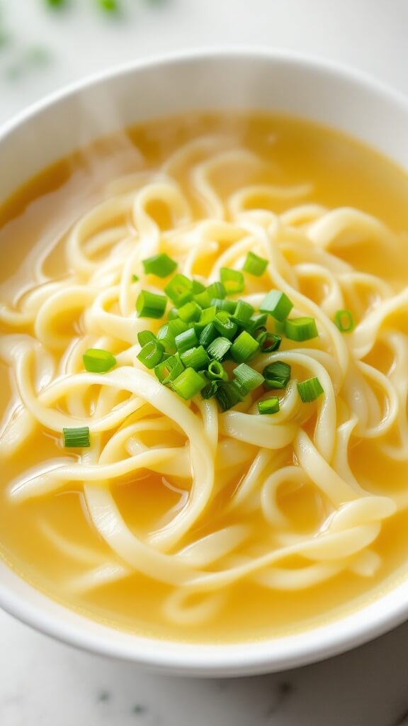 Overhead view of an empty bowl of egg drop soup with fresh scallion garnish and visible steam