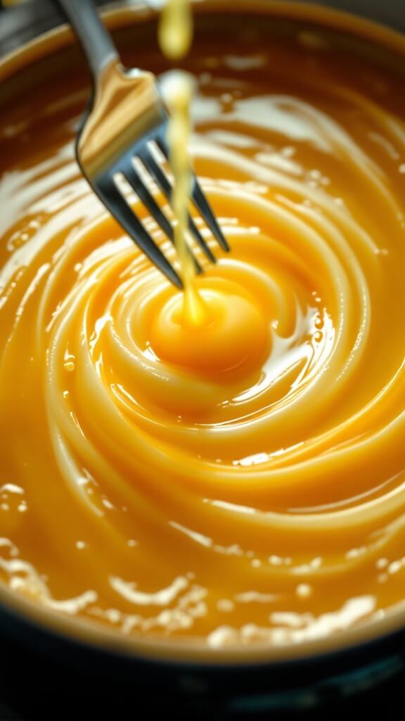 Beaten eggs pouring through fork tines into swirling golden broth from a bird's-eye view