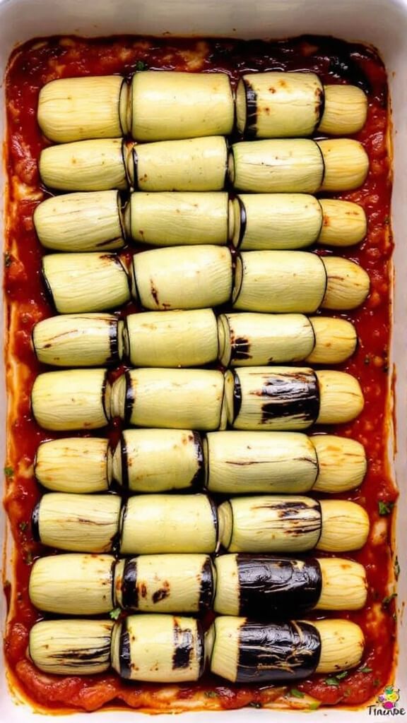 Rolled eggplant involtini arranged in a ceramic baking dish over tomato sauce