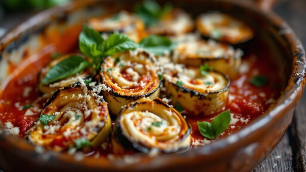 "golden-brown eggplant rolls filled with creamy ricotta on red tomato sauce in a rustic ceramic dish, garnished with basil and parmesan, with moody lighting"