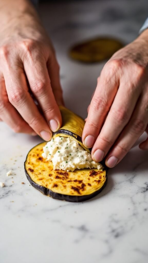 Hands rolling a golden-roasted eggplant slice filled with ricotta on a marble countertop
