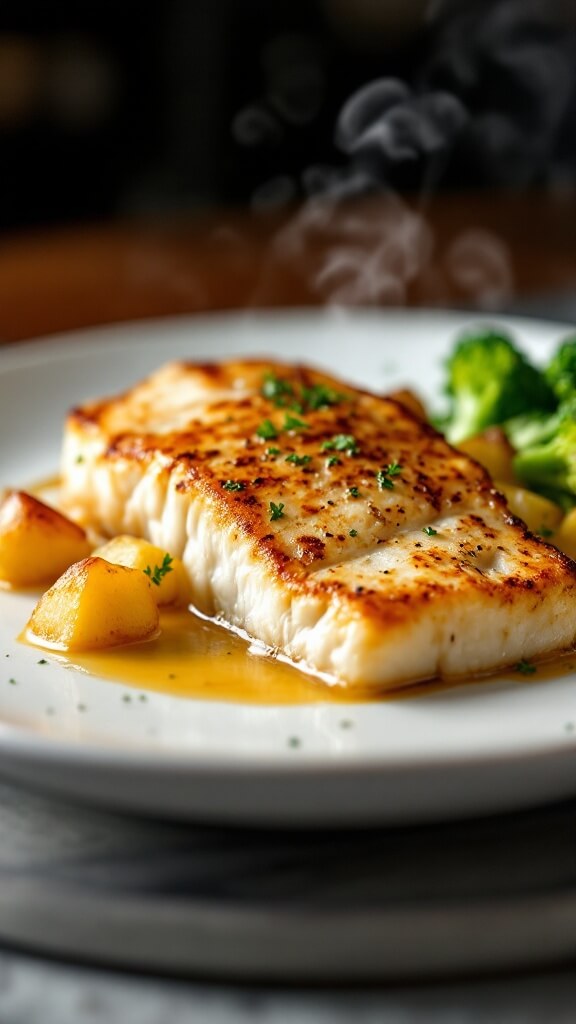 Perfect Pairings For Roast Potatoes: A Chef'S Complete Guide To Creating Memorable Meals 5 Elegant pan-seared cod with crispy skin, roast potatoes, and steamed broccoli on a white ceramic plate