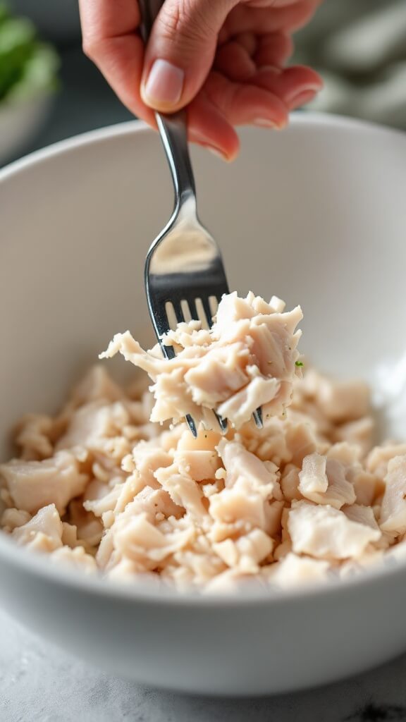 Hands using fork to flake albacore tuna in a ceramic bowl under natural lighting