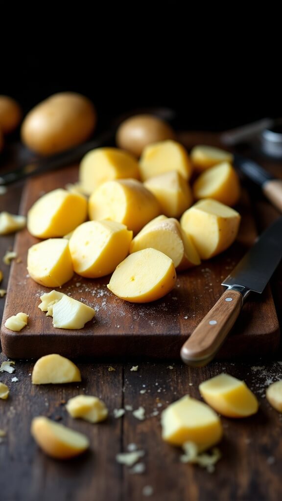 Creamy Cottage Cheese Mashed Potatoes 3 Freshly peeled and quartered yukon gold potatoes on a rustic wooden cutting board, with a knife, peeler, and scattered potato peels indicating the preparation process.