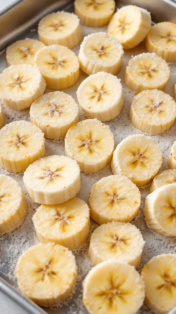 Frozen banana slices on a stainless steel tray for smoothie preparation