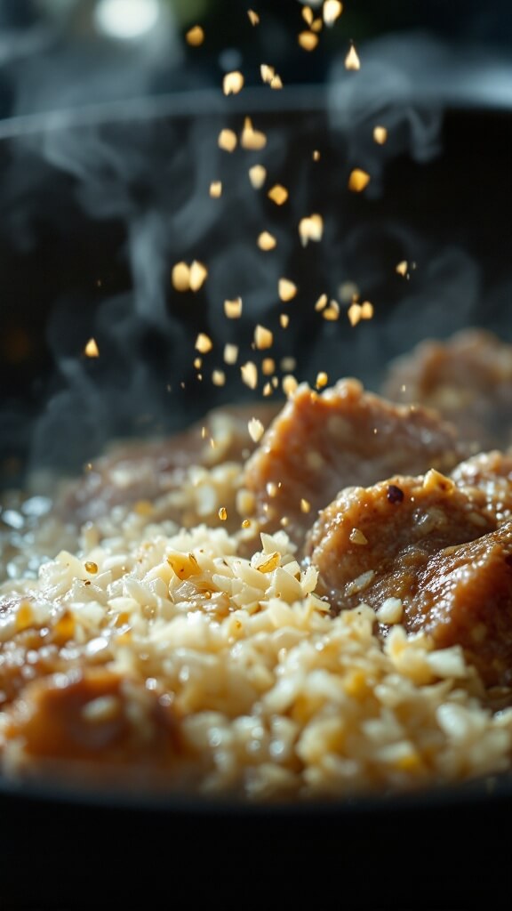 Sautéing minced garlic and grated ginger in golden sesame oil next to browned meat with steam rising