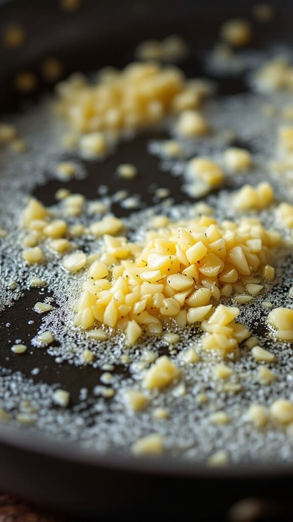 Keto Chicken Alfredo (Quick &Amp; One-Pan) 5 Minced garlic sautéing in foamy melted butter in a skillet, turning golden