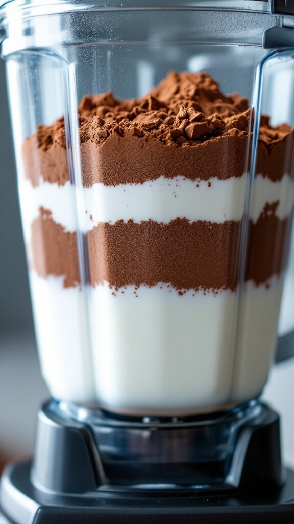 High-Protein Chocolate Mousse 4 High-powered blender with layers of greek yogurt, chocolate protein powder, and cocoa powder, lit from behind before blending
