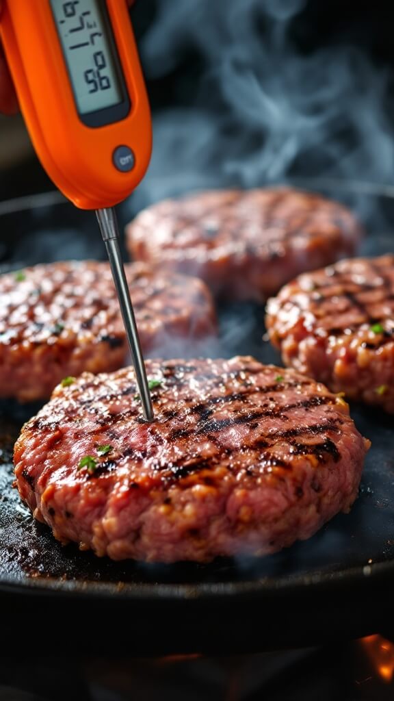 Ostrich burger patties sizzling on a grill pan with distinct sear marks, meat thermometer indicating the temperature in one patty and steam rising during the cooking process.