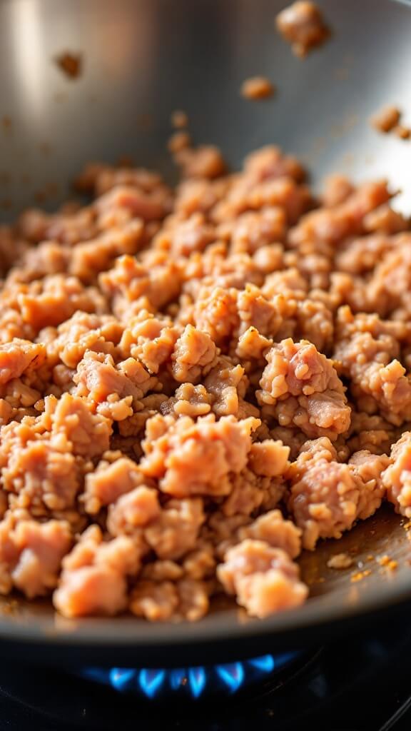 Raw ground turkey being cooked and caramelized in a stainless steel wok over a blue gas flame