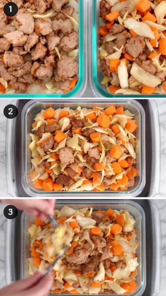 Meal prep containers being filled with layered meat and vegetables, including textured pieces of carrot and cabbage