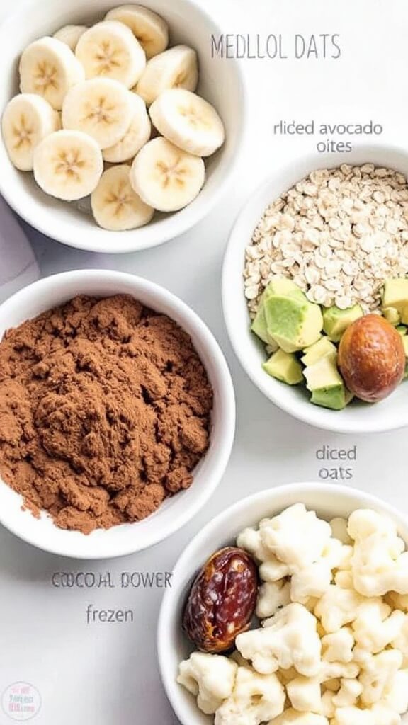Peppermint Chocolate Protein Shake 8 Assorted small bowls containing smoothie add-ins including sliced banana, oats, avocado, cocoa powder, cauliflower, and a medjool date