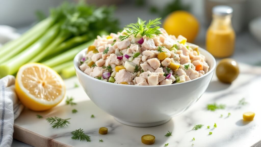 "brightly lit bowl of albacore tuna salad with visible diced celery, red onion, and dill pickles, garnished with dill sprigs, surrounded by raw ingredients, on a marble counter. "