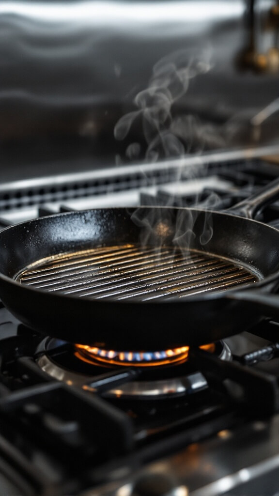 Heating cast iron grill pan with heat wisps and oil sheen on stovetop in a professional stainless steel kitchen