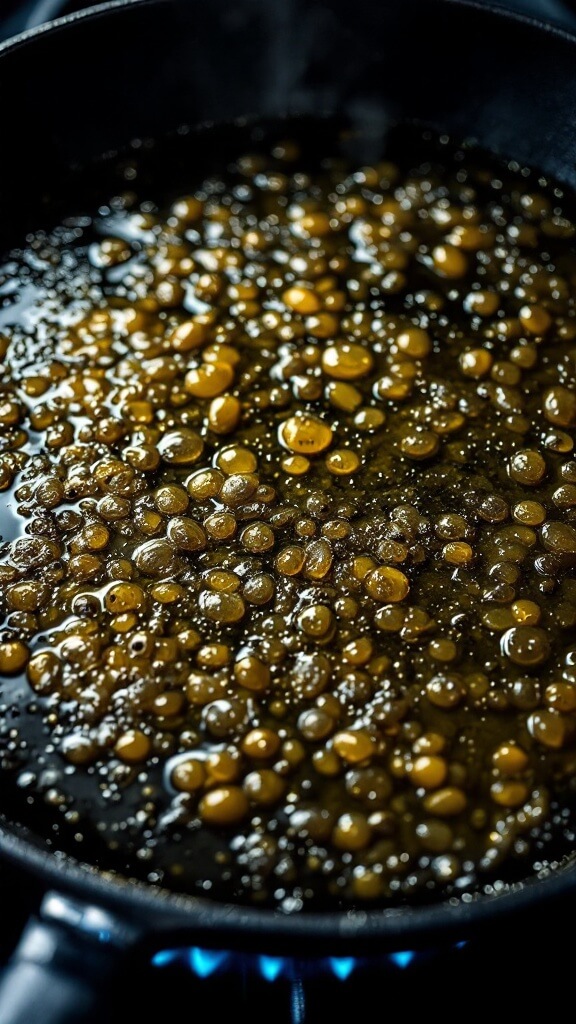 Overhead view of heated olive oil in a cast iron skillet over blue gas flame