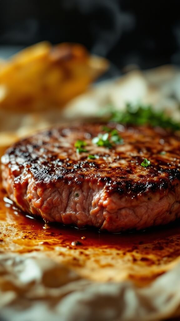 Medium-rare ostrich burger patty on butcher paper with visible juices and slight steam, under warm lighting