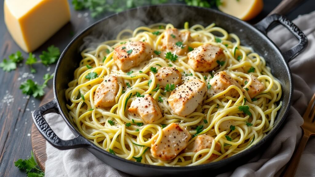 Keto Chicken Alfredo (Quick &Amp; One-Pan) 2 "steaming keto chicken alfredo with zucchini noodles and grated parmesan in cast iron skillet on wooden surface"
