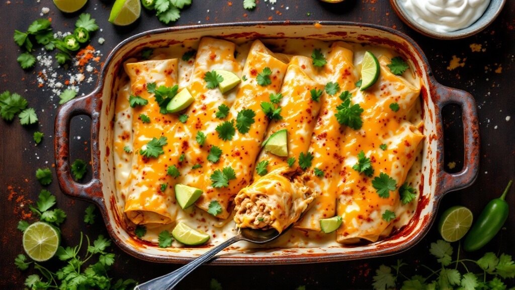 "overhead view of keto enchiladas in a rustic ceramic dish, garnished with cilantro and avocado, surrounded by fresh mexican ingredients on a dark wooden surface. "