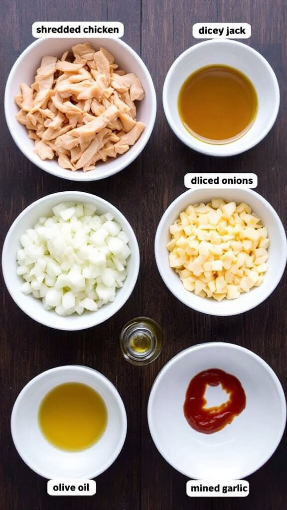 Overhead view of keto enchilada ingredients including shredded chicken, monterey jack cheese, diced onions, minced garlic, and olive oil in white bowls on a dark wooden surface
