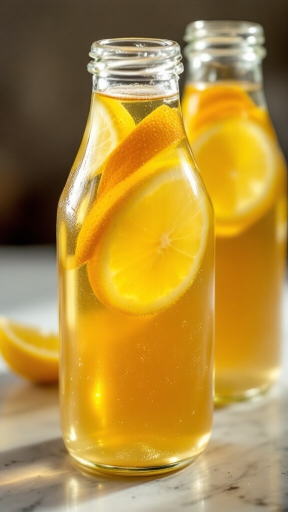 Homemade Lemon Kombucha Recipe 4 Close-up of sealed glass bottles filled with clear, golden-amber kombucha, lemon juice, and floating ginger slices with a 1-inch headspace, under soft side lighting.