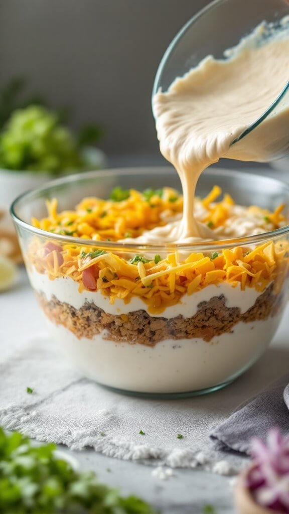 Layered dip being transferred into a clear serving bowl, highlighted by soft lighting