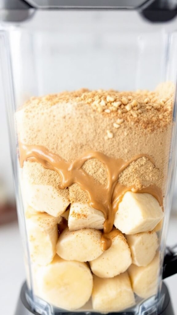 Side view of a blender showing layers of ingredients including frozen banana chunks, vanilla protein powder, nut butter, and a sprinkle of cinnamon