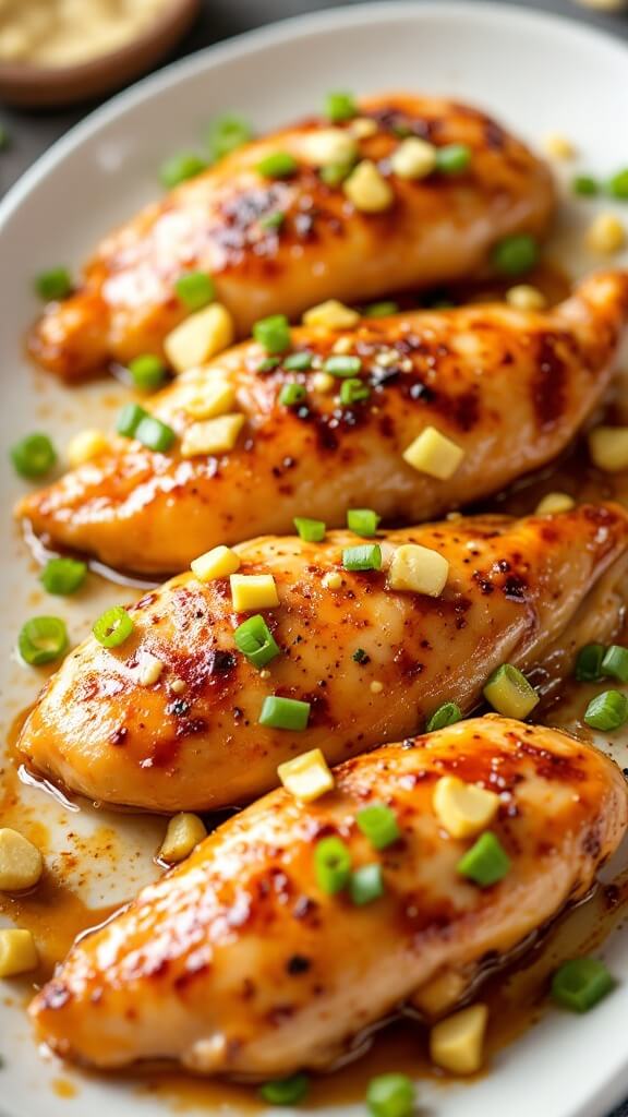 Marinated chicken breasts on a white ceramic plate garnished with fresh ginger and green onions