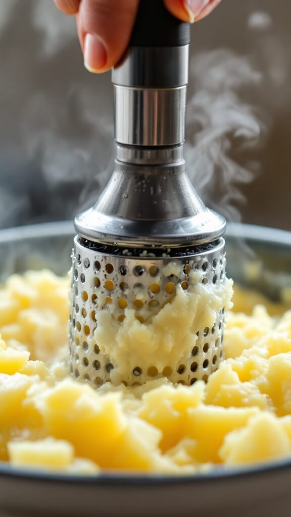 Creamy Cottage Cheese Mashed Potatoes 7 Potato masher pressing down on a mix of potatoes and melted butter, showcasing the early stage of the mashing process where some chunks are visible, a creamy texture is forming, and steam is rising.