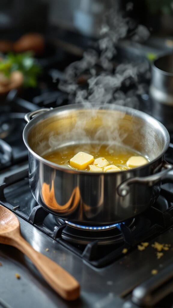 Melting butter and minced garlic in stainless steel saucepan on professional kitchen stovetop, steam rising, with wooden spoon nearby