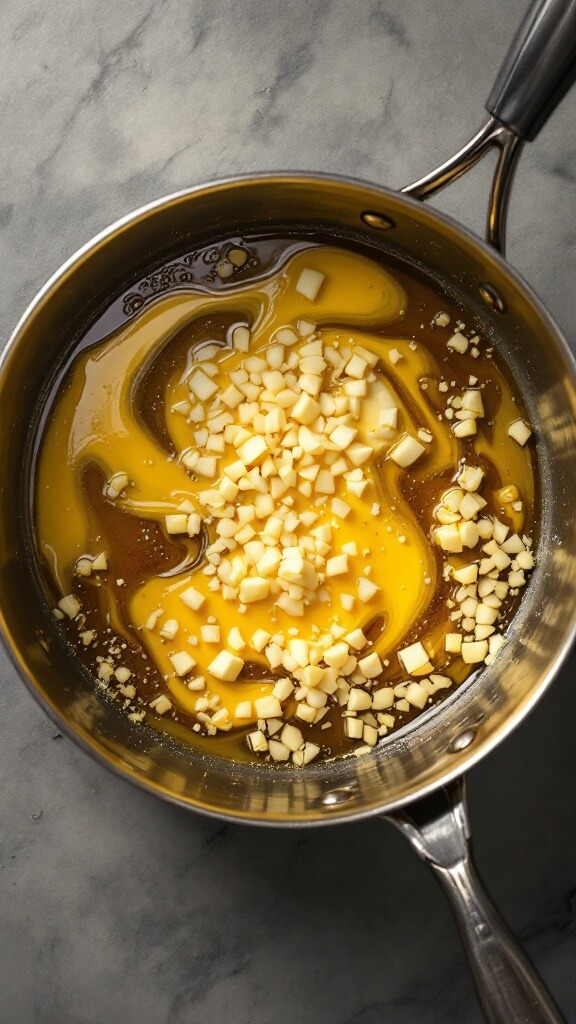 Fresh Green Pea Risotto With Lemon &Amp; Mint 4 Overhead view of a pot showing melting butter and olive oil combined with finely chopped shallots