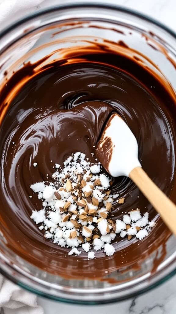 Protein Peanut Butter Cups 4 Overhead view of dark chocolate and coconut oil being stirred in a glass bowl, showcasing its glossy and silky texture during the melting process