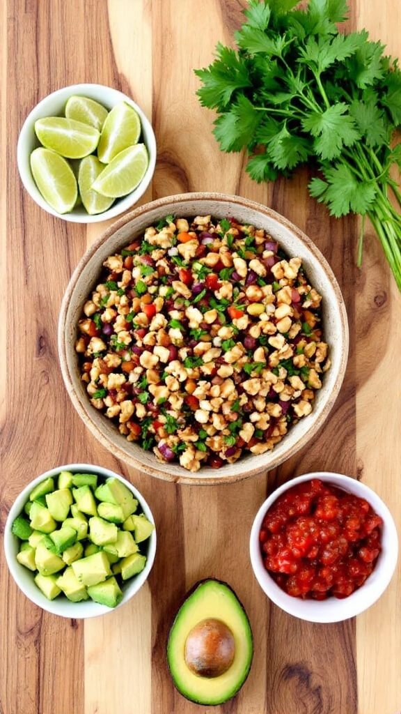 Walnut Taco &Quot;Meat&Quot; (Vegan, Gluten-Free Option) 9 Ingredients for a meal on a rustic wooden board including lime wedges, cilantro, diced avocado, red salsa and walnut mixture in the center