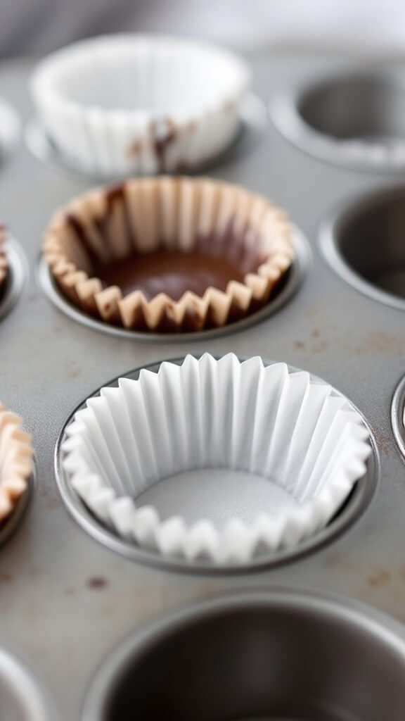 Protein Peanut Butter Cups 3 Mini muffin tin with neatly placed paper liners ready for chocolate filling