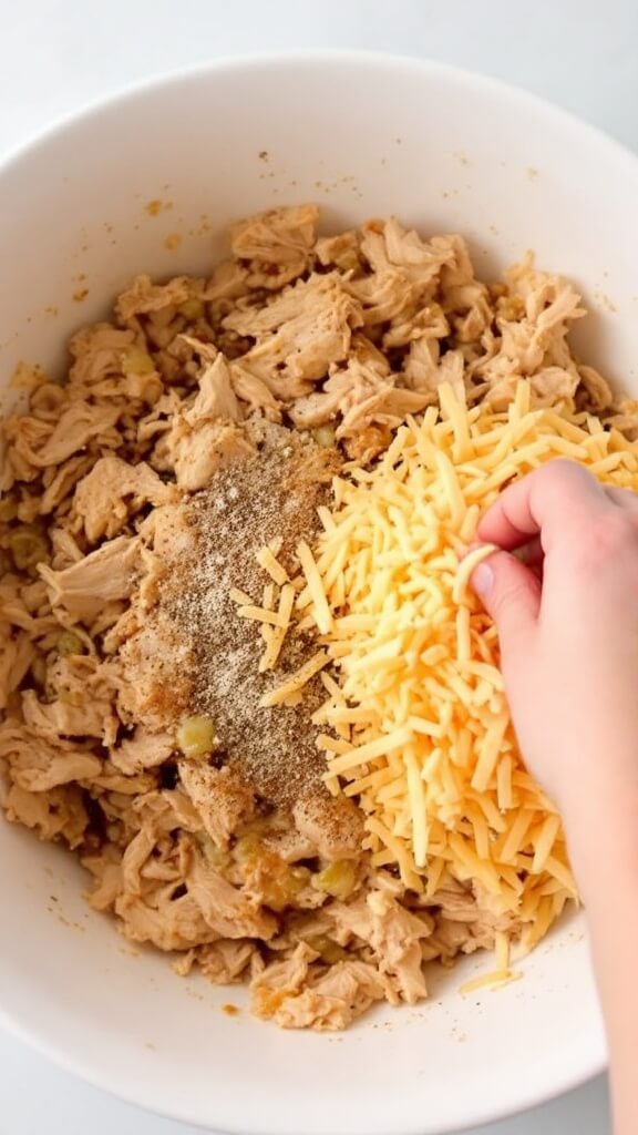 Hands mixing shredded chicken, sautéed onions, monterey jack cheese with seasoning in a ceramic bowl