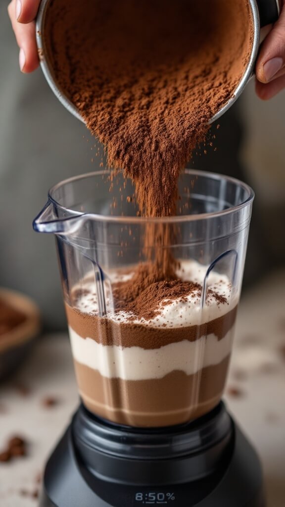 Cocoa powder being sifted into blender for mocha preparation, creating a layered effect