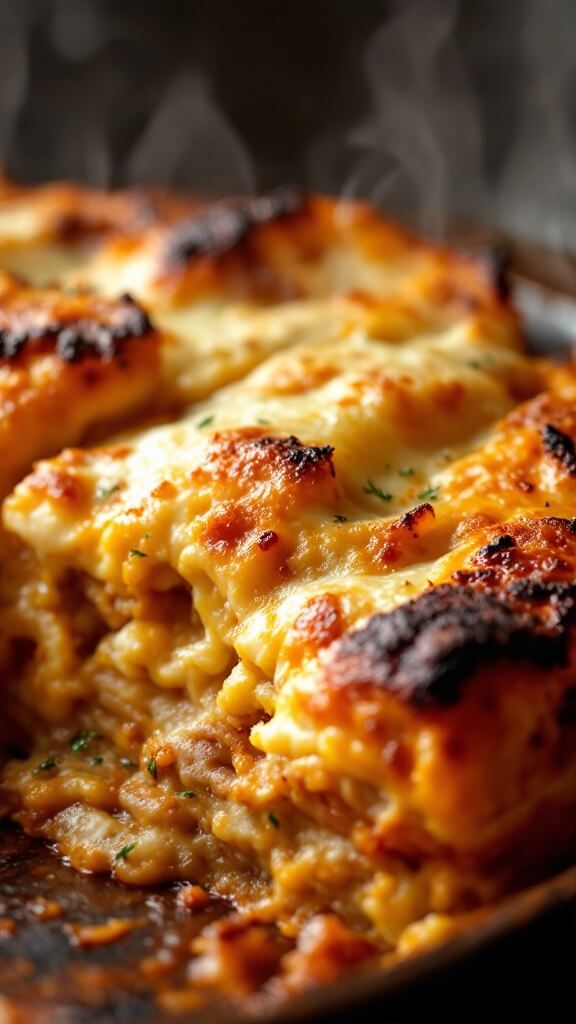 Freshly baked moussaka with golden, slightly charred peaks, steaming hot and showing distinct layers from the side