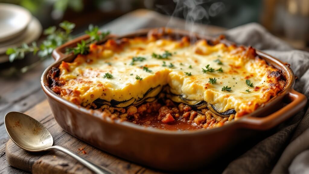 "freshly baked moussaka with layers of béchamel, roasted eggplant, and meat sauce in a rustic ceramic dish, with steam rising and a vintage serving spoon on a weathered wooden table. "
