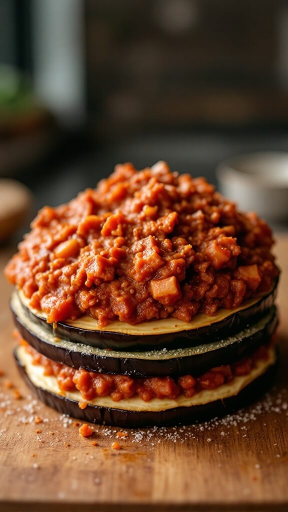 Cross-section view of lasagna preparation showing a roasted eggplant base being topped with meat sauce in warm kitchen lighting.