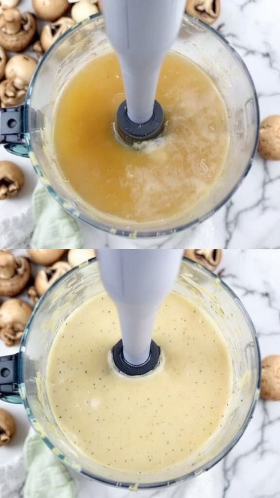 Shiitake Mushroom Soup (Creamy &Amp; Comforting) 8 Immersion blender partially blending soup, transforming it from brothy to creamy texture with visible mushroom pieces.