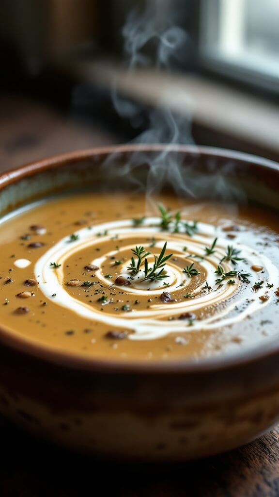Shiitake Mushroom Soup (Creamy &Amp; Comforting) 9 Velvety mushroom soup with thyme and cream swirl in a rustic ceramic bowl, steam rising gently in natural window light.