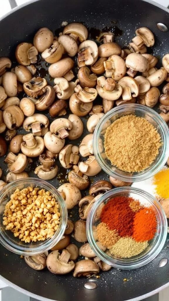 Walnut Taco &Quot;Meat&Quot; (Vegan, Gluten-Free Option) 6 Overhead view of cooked mushrooms in a skillet, small bowls of walnut mixture and array of spices ready for mixing