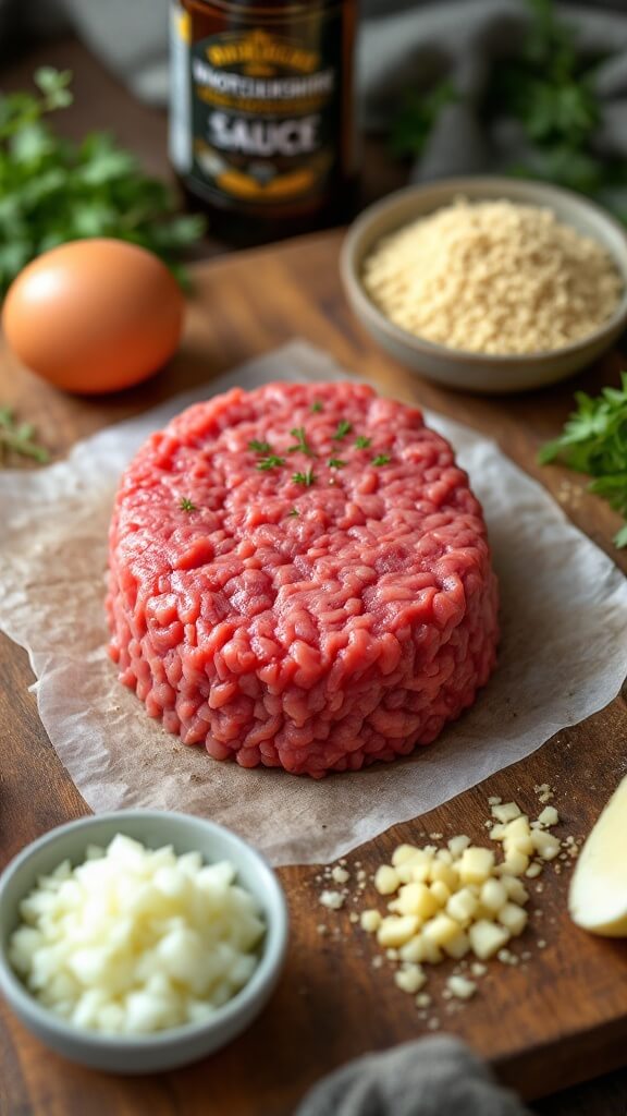 Raw ostrich mince, egg, breadcrumbs, diced onions, minced garlic, and worcestershire sauce on wooden cutting board under natural lighting